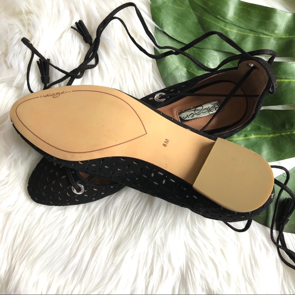 Black Suede Perforated Lace up Flats - Picture 8 of 10